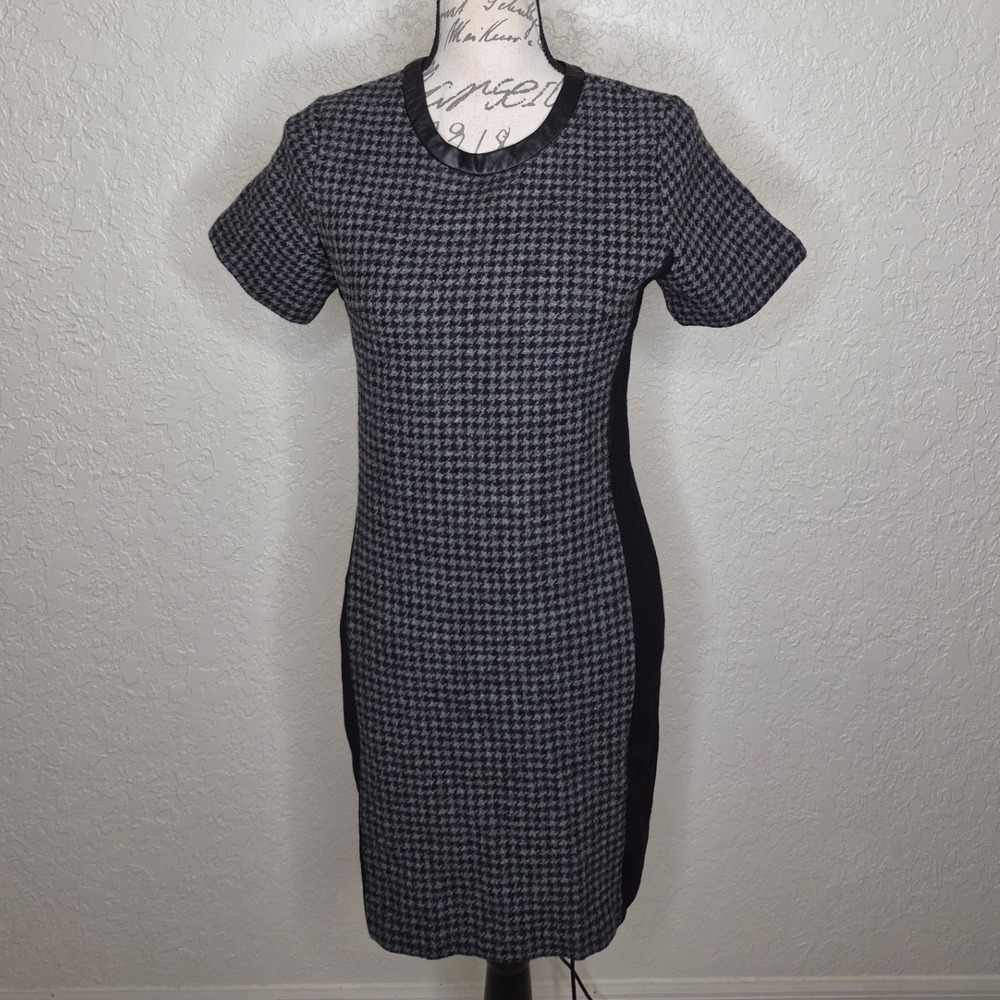 J.Crew Houndstooth Wool Blend Leather Trim Shift Dress Grey Black Size 4